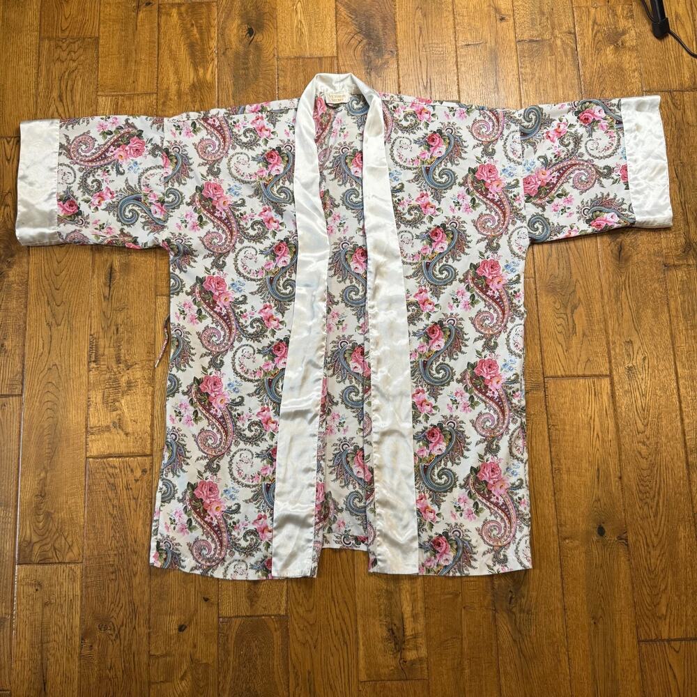 VTG VICTORIA SECRET Gold Label KIMONO Robe Nightie Floral Paisley Satin One Sz
